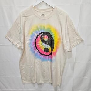DOM Tie Dye Graphic Yin and Yang Short Sleeve Cream Colorful Tee Size XL